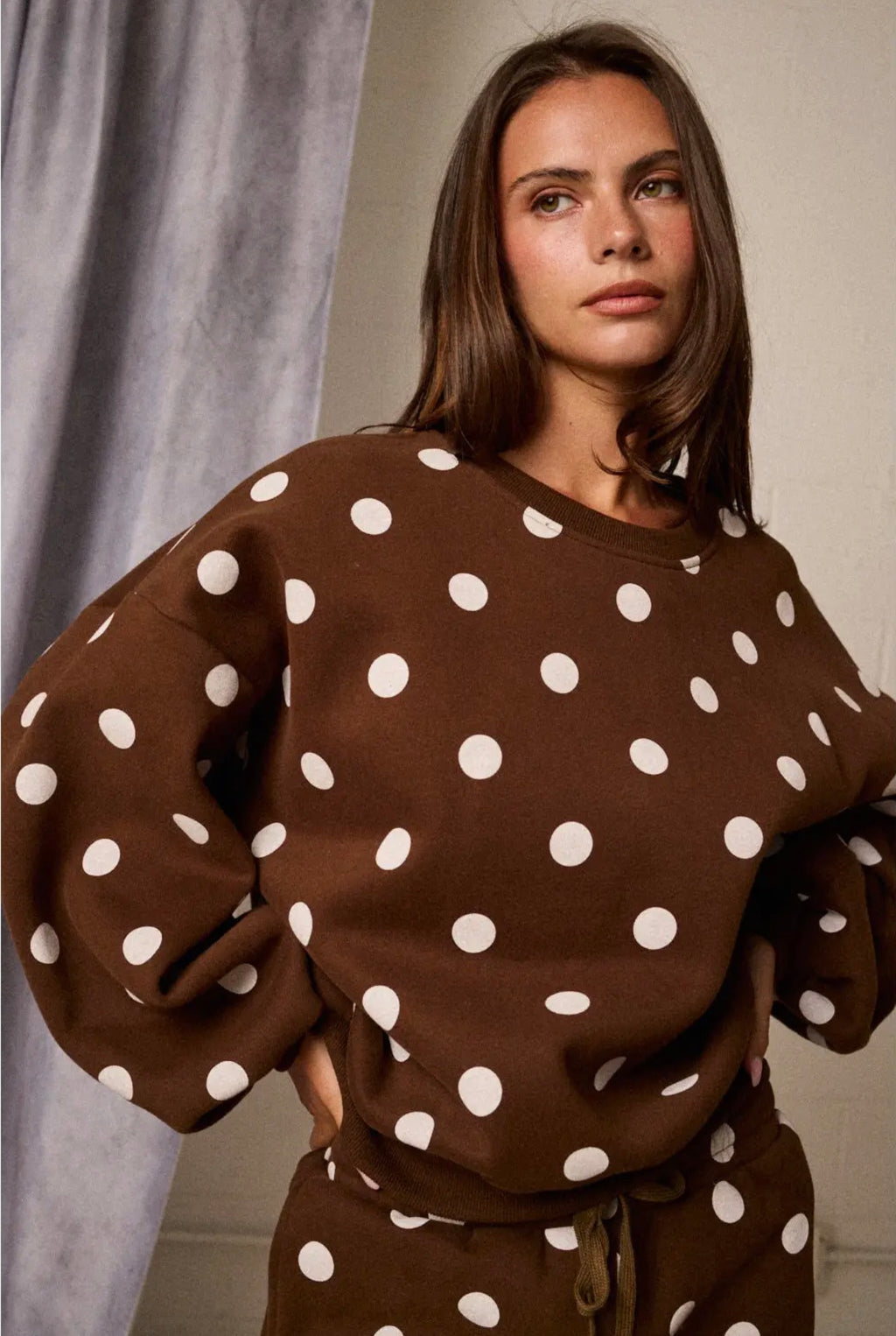 Chocolate Brown Dot Drawstring Fleece Shorts
