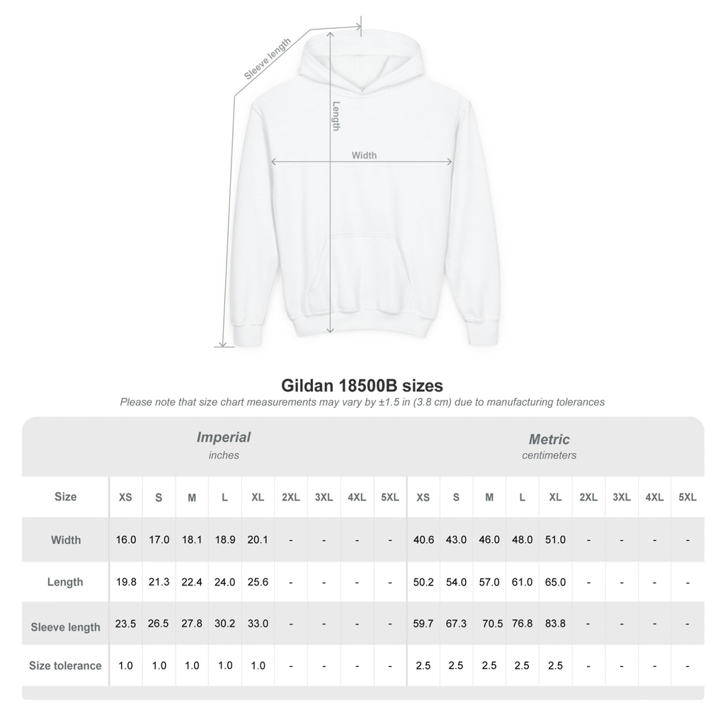 Gildan 18500B youth hoodie size chart