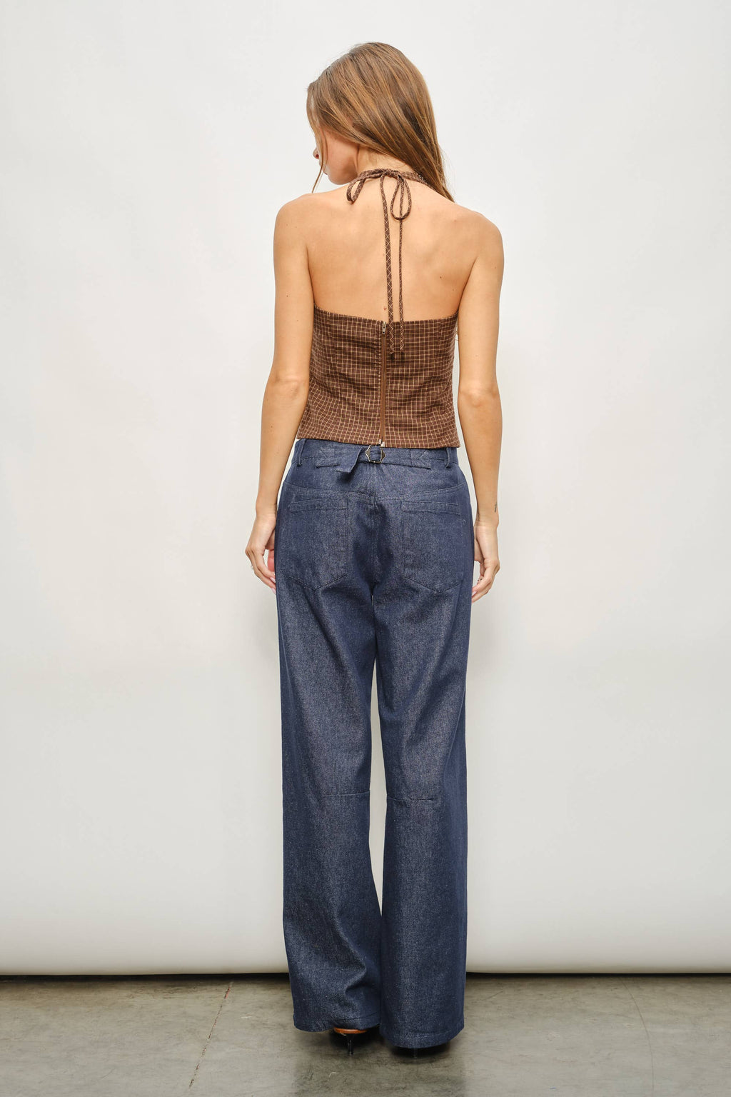 Brown Plaid Tie Halter Top
