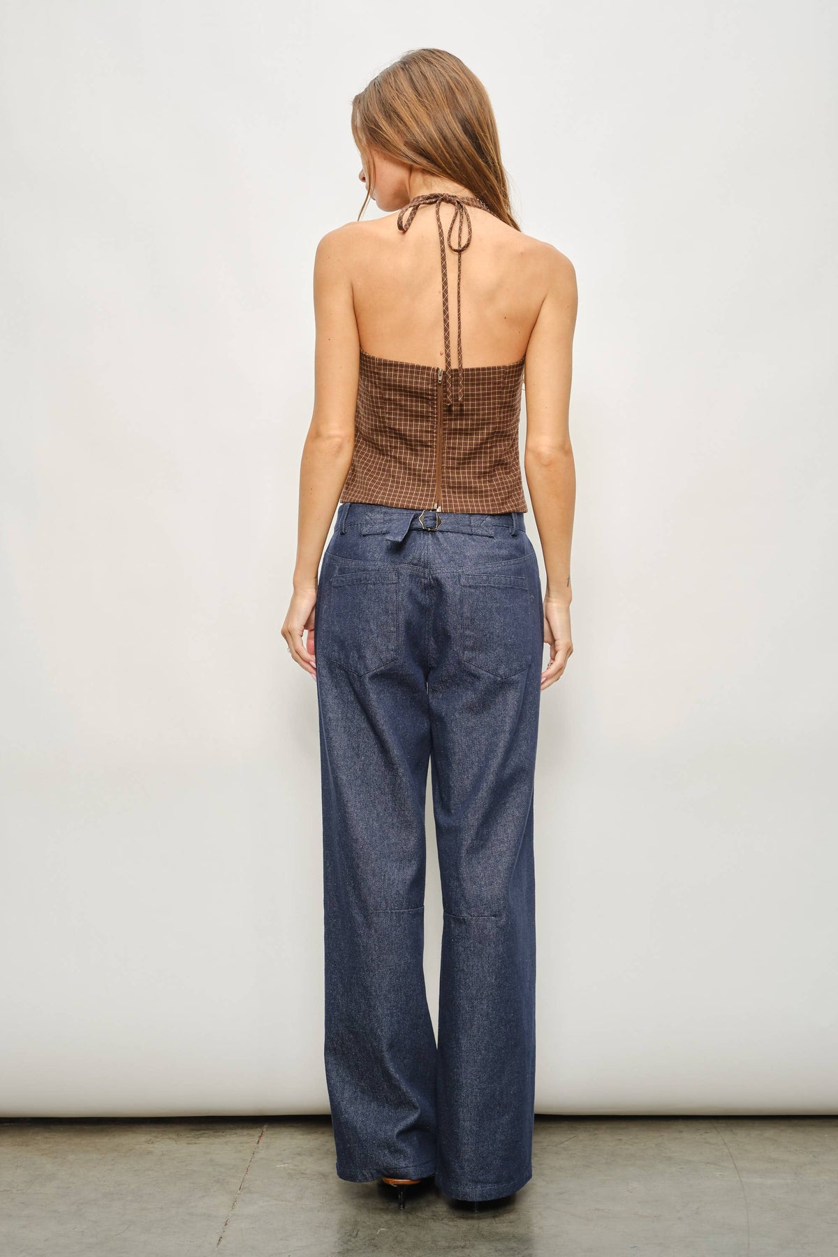 Brown Plaid Tie Halter Top