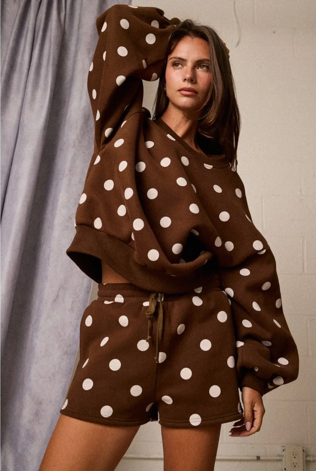 Chocolate Brown Dot Drawstring Fleece Shorts