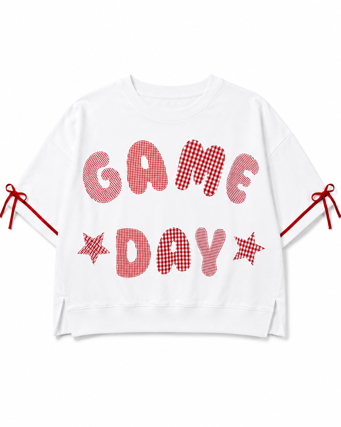 Game Day Gingham Patchwork Bow Sleeve Pullover