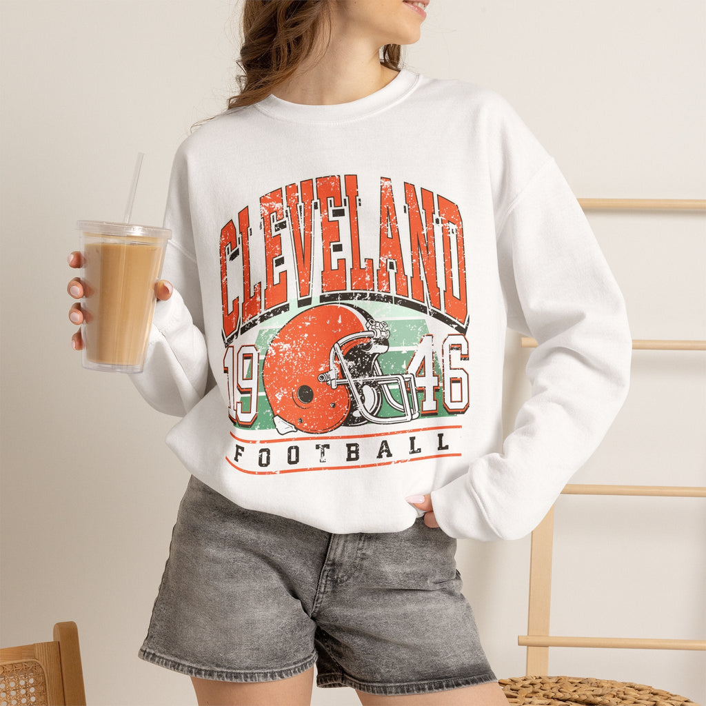 Cleveland retro 1946 football crewneck lifestyle mockup in white