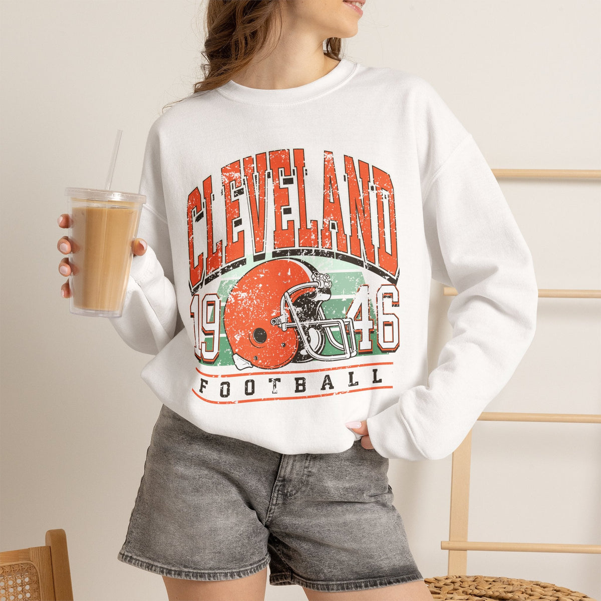 Cleveland retro 1946 football crewneck lifestyle mockup in white