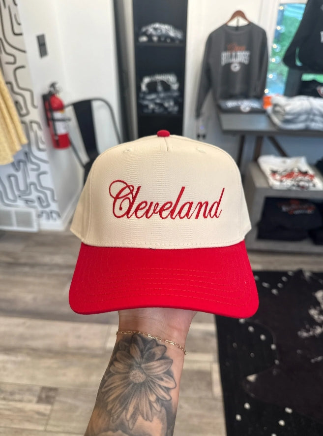 Cleveland Script Snapback Trucker Hat