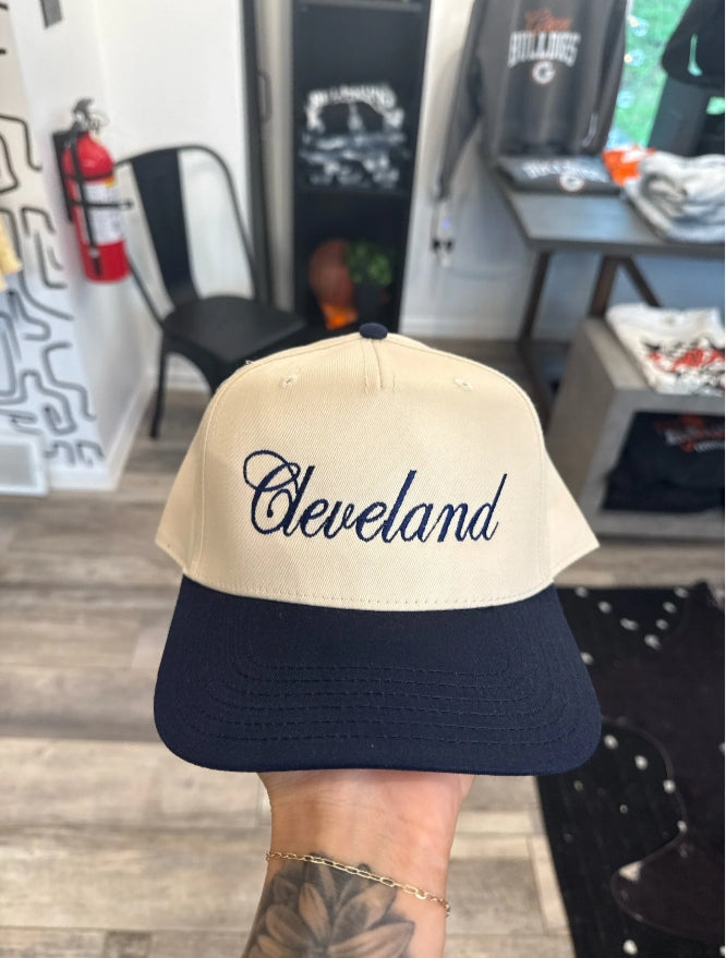 Cleveland Script Snapback Trucker Hat