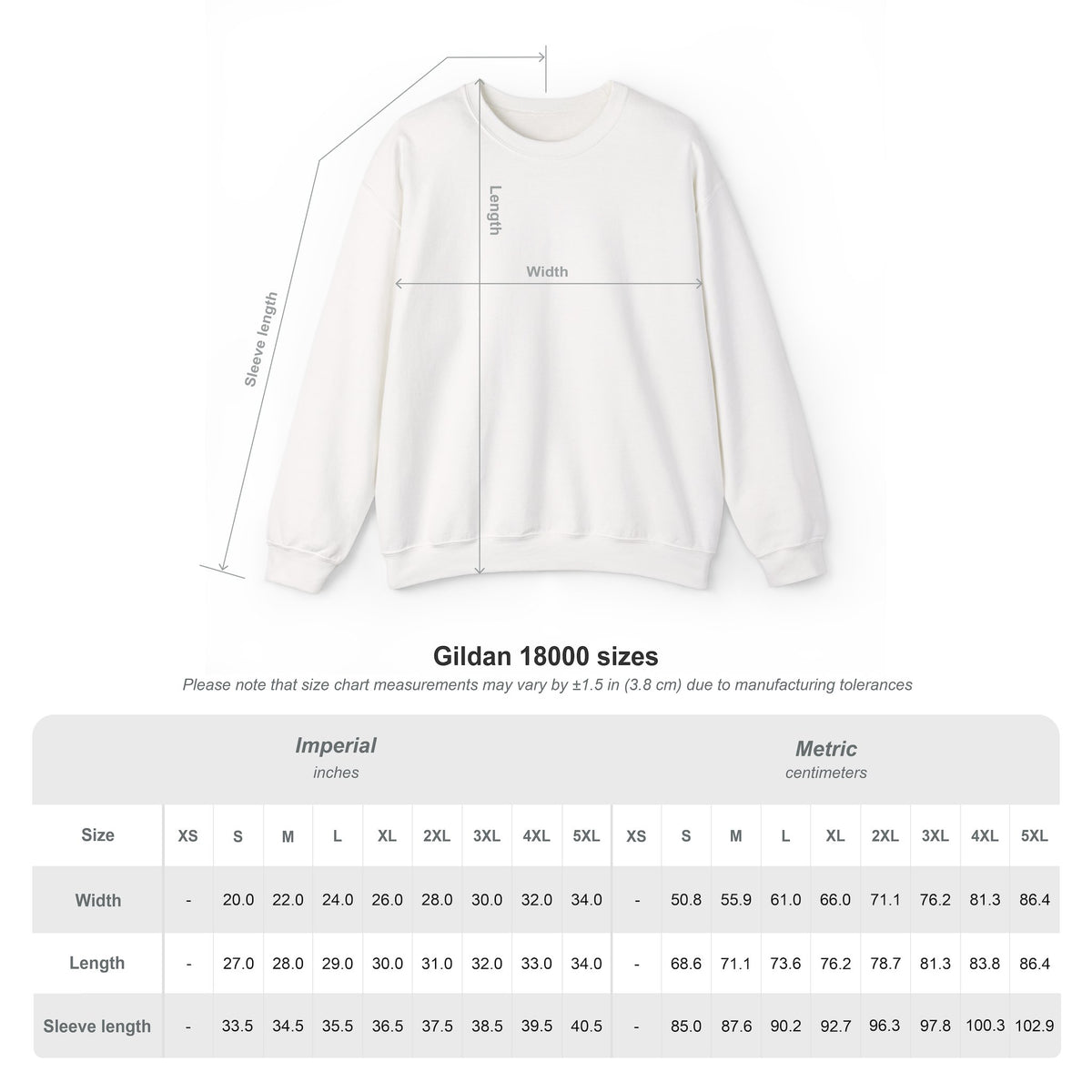 Gildan 18000 adult crewneck sweatshirt size chart