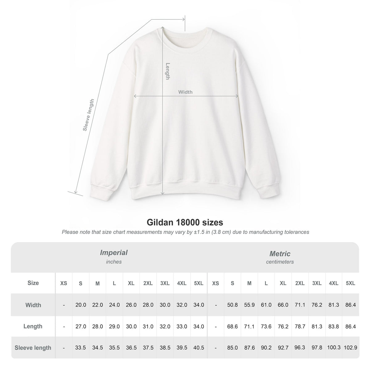 Gildan 18000 crewneck size chart