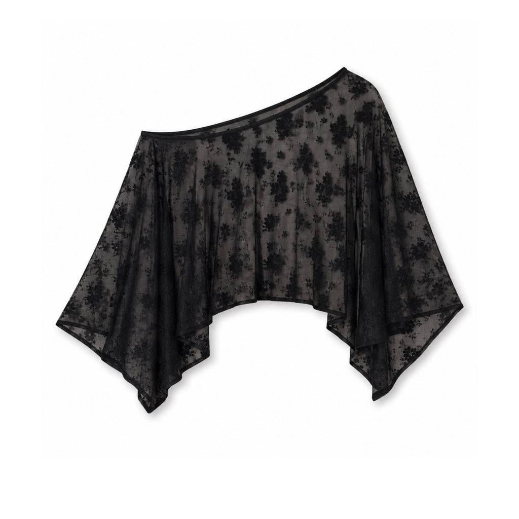 After Dark black sheer floral lace poncho top flat lay