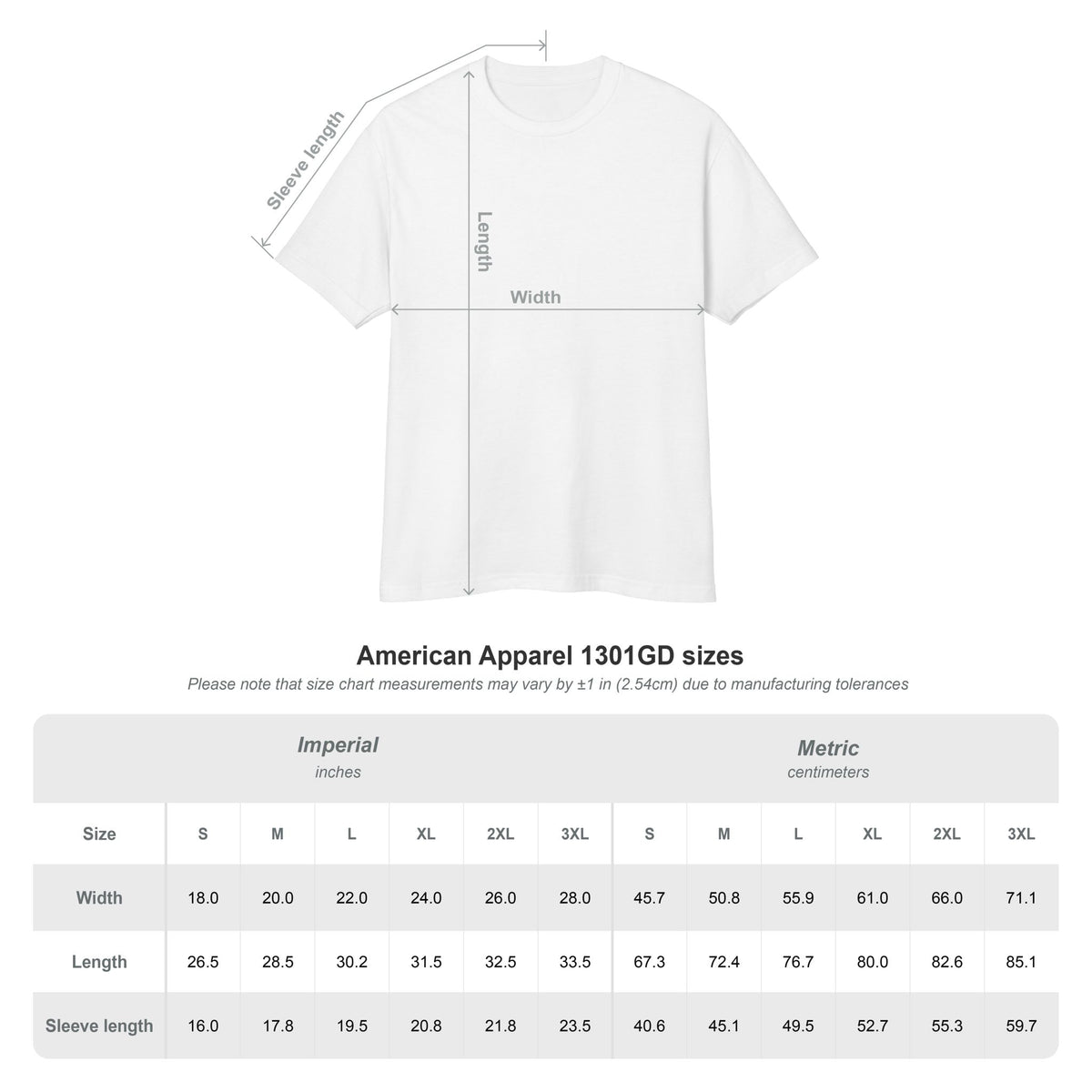 American Apparel 1301GD size chart