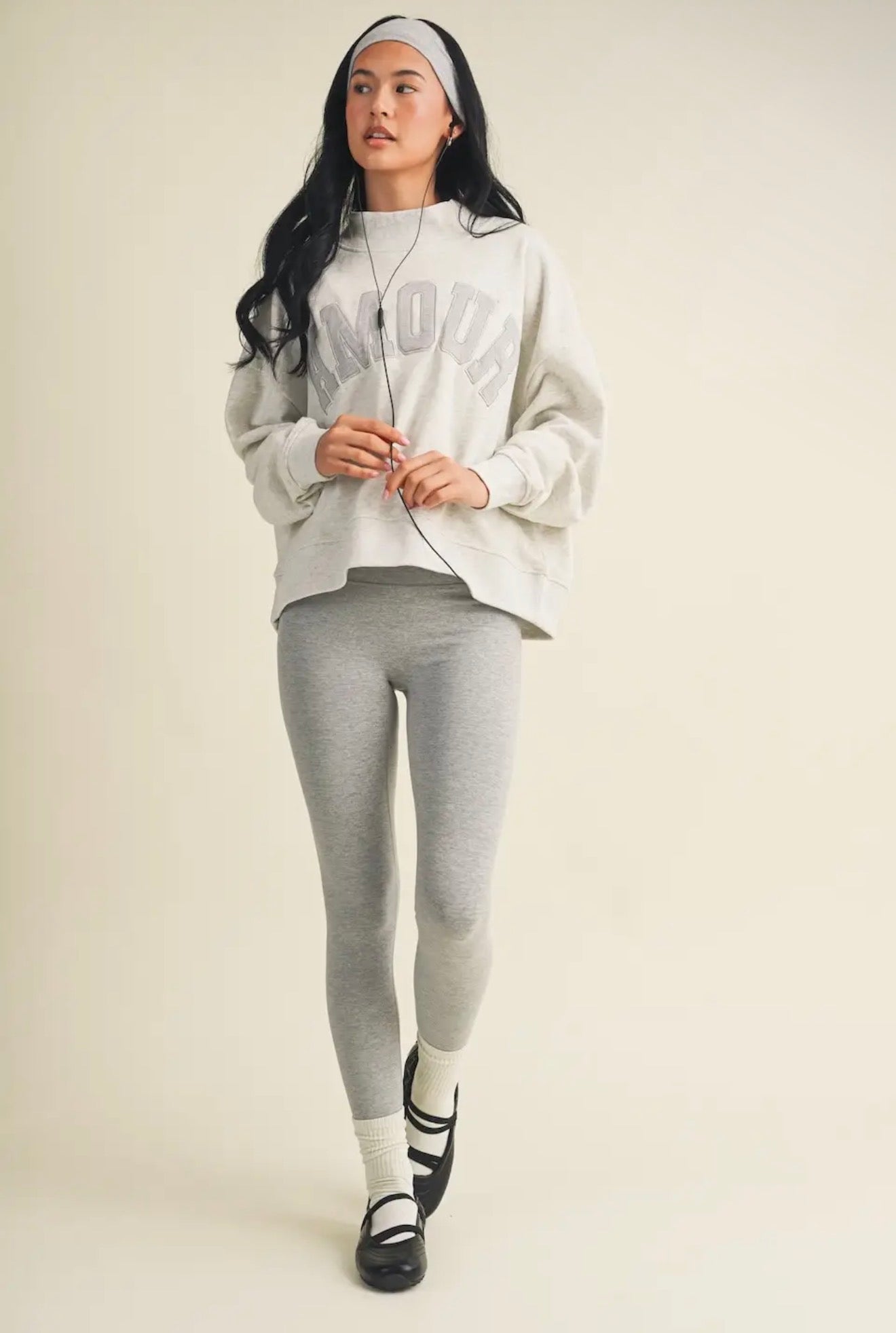 Full outfit styling with heather grey Amour oversized mock neck sweatshirt