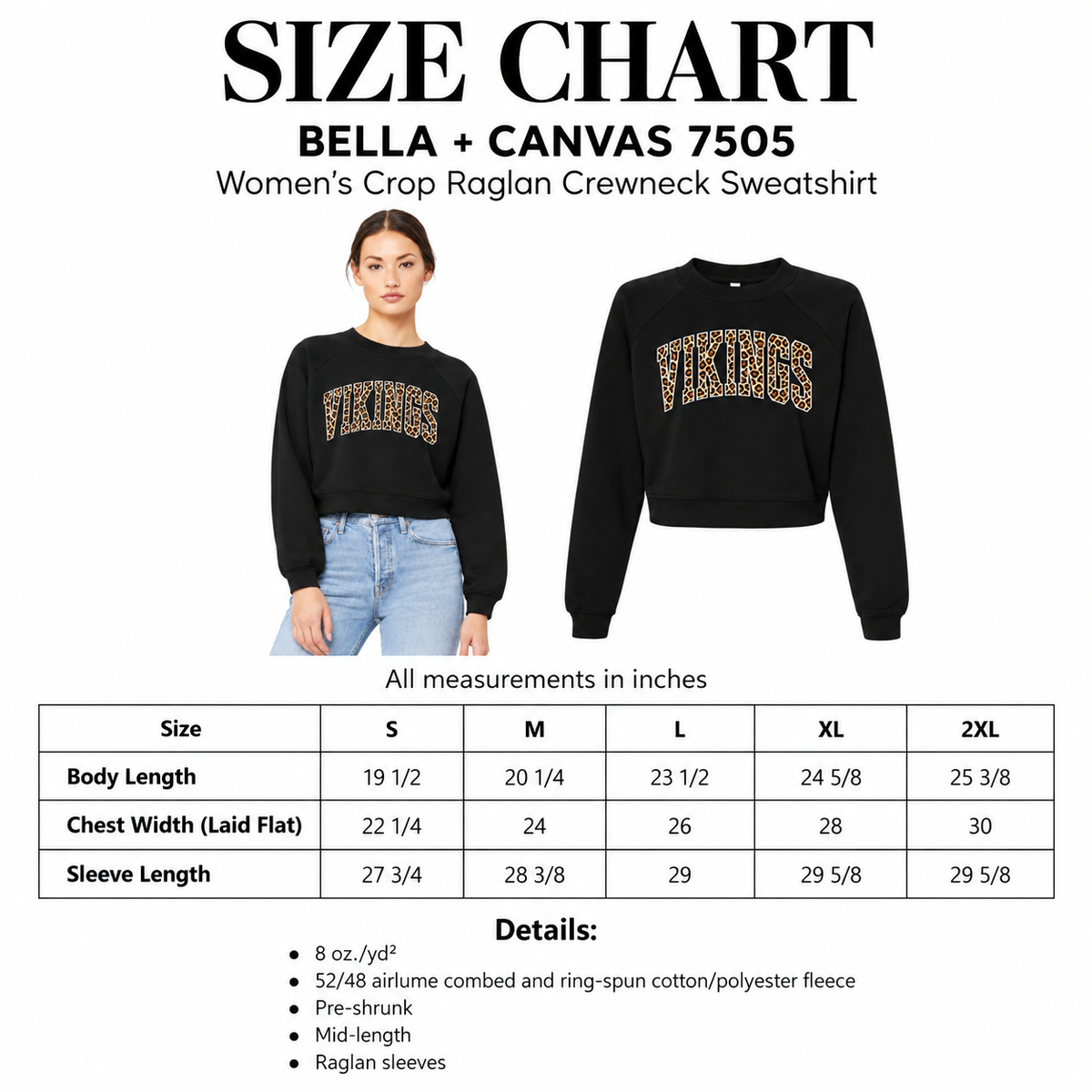 BELLA + CANVAS 7505 size chart