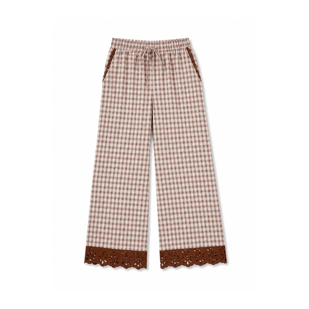 Brown plaid wide leg pull-on pants with lace trim