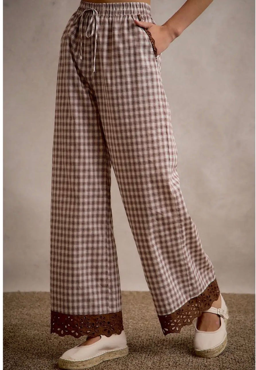 Brown plaid lace trim wide leg pants modeled