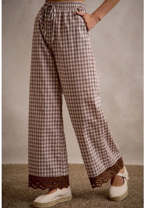 Brown plaid lace trim wide leg pants modeled