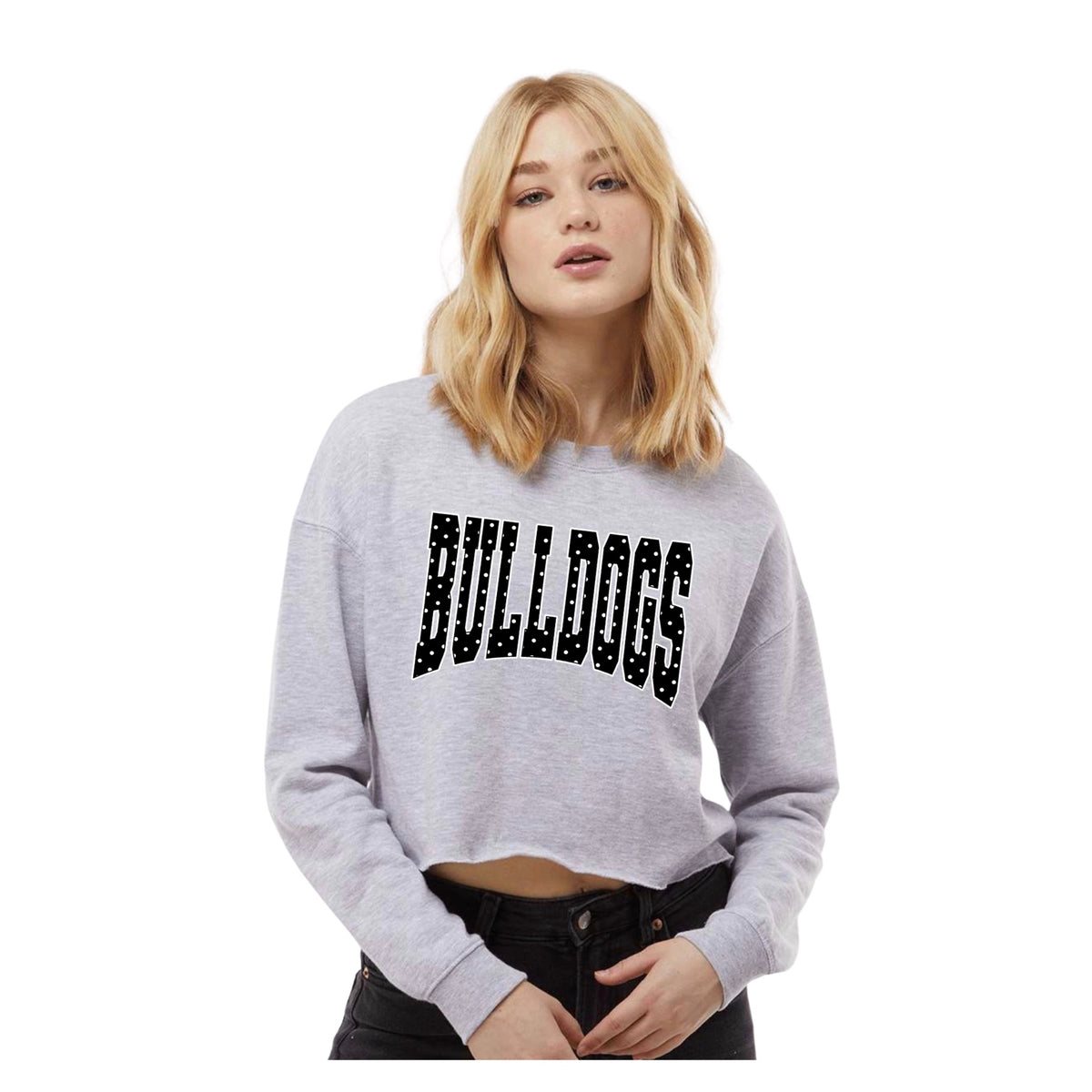 Green Bulldogs polka dot cropped crewneck on model in heather gray