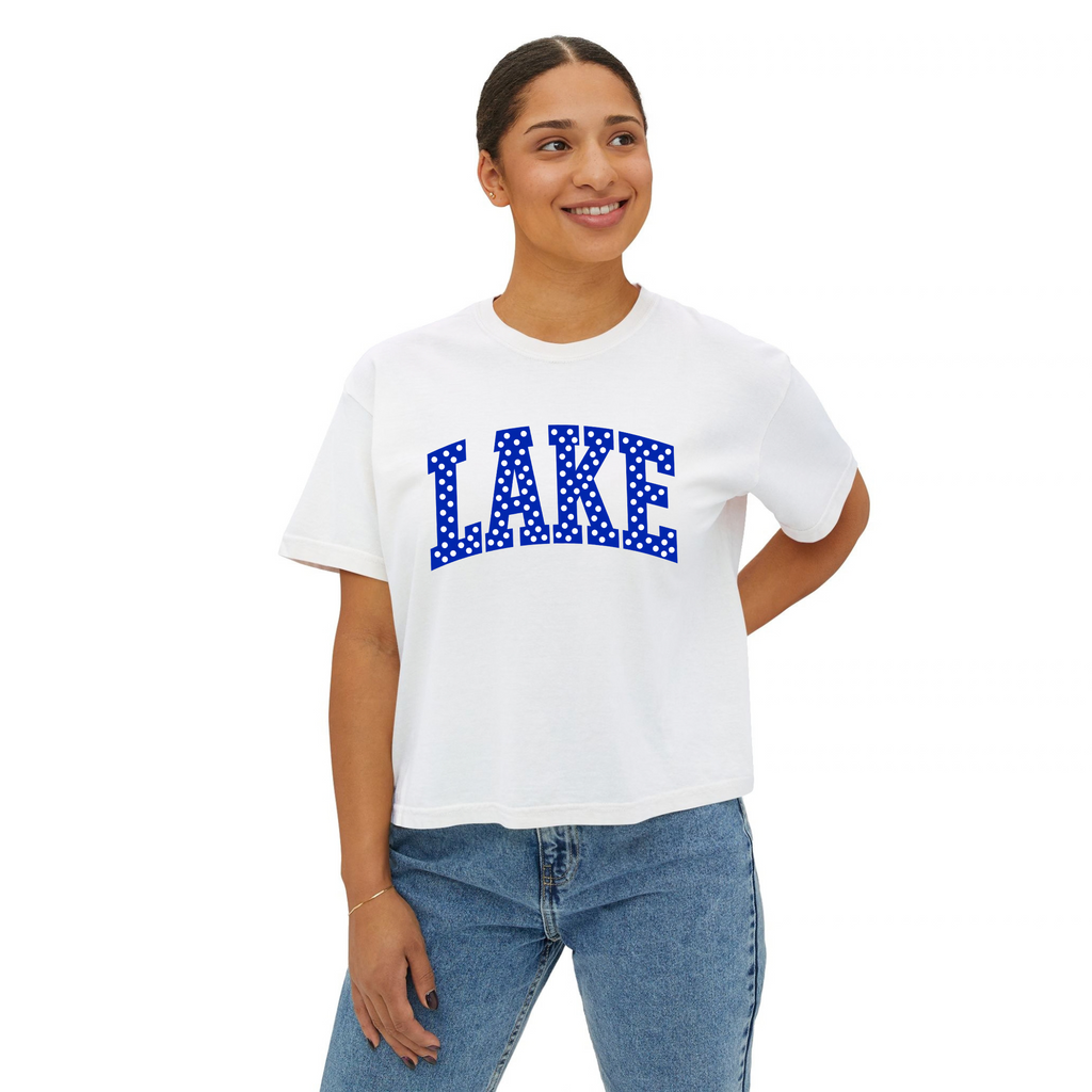 Lake Blue Streaks polka dot boxy tee on model