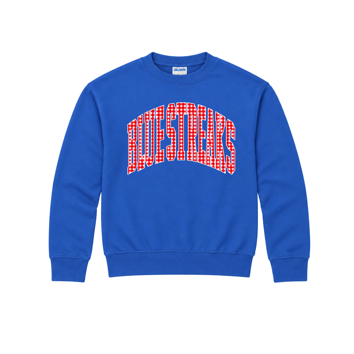 Lake Blue Streaks youth gingham crewneck in royal blue