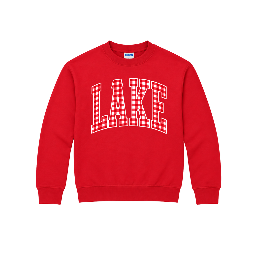 Lake Blue Streaks youth gingham LAKE crewneck in red
