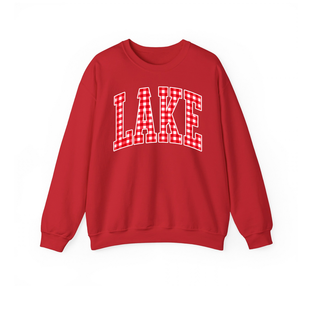 Lake Blue Streaks adult gingham LAKE crewneck in red
