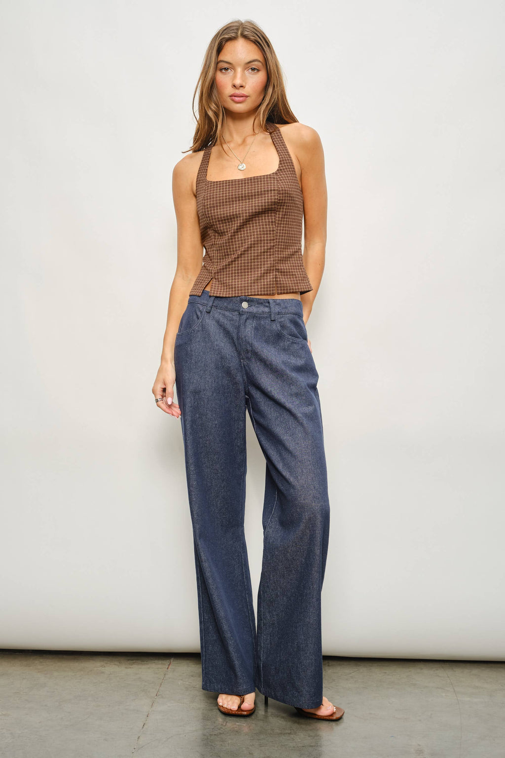Brown Plaid Tie Halter Top