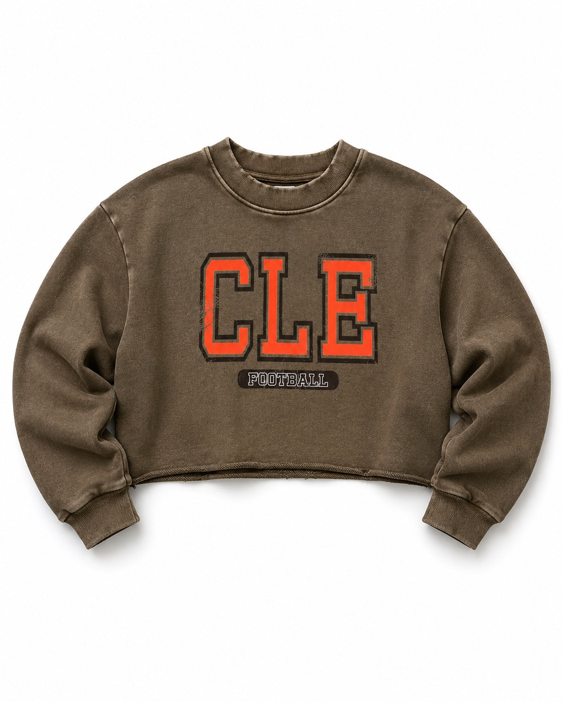 Washed brown cropped crewneck with orange and black CLE Football graphic