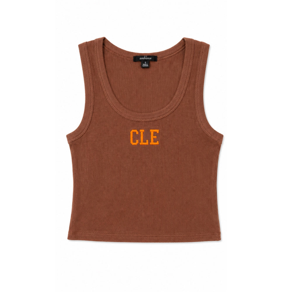 Brown ribbed tank top with orange CLE embroidery