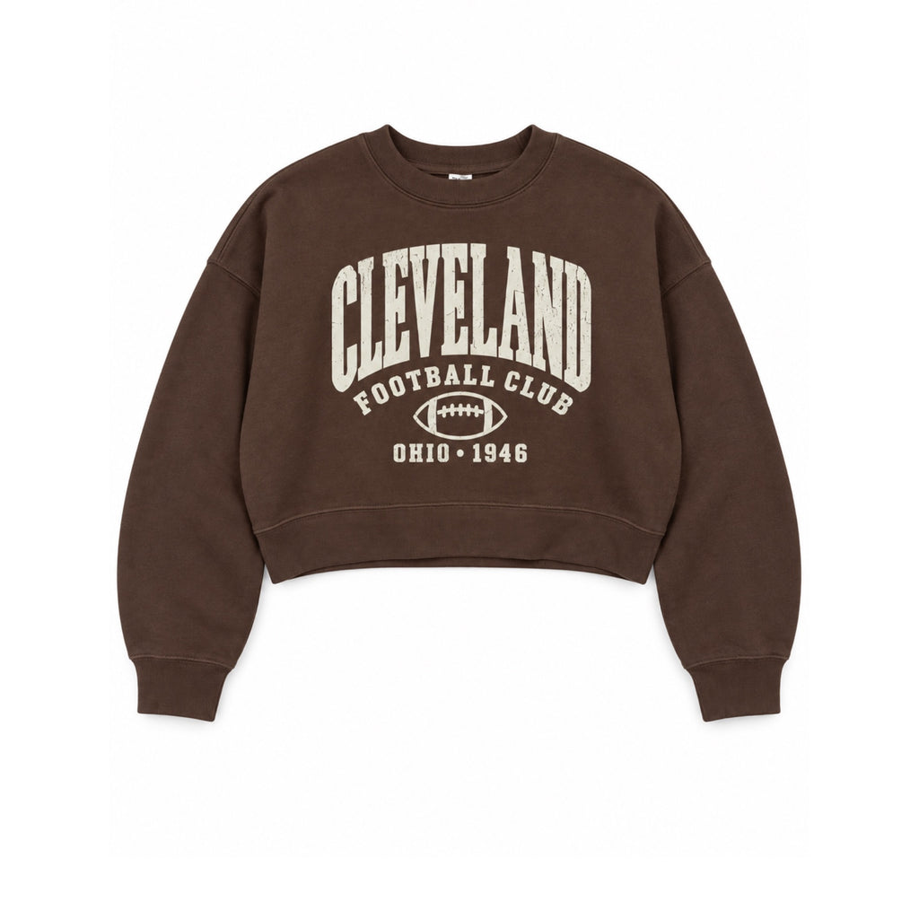 Coffee brown Cleveland Football Club cropped crewneck sweatshirt flat lay