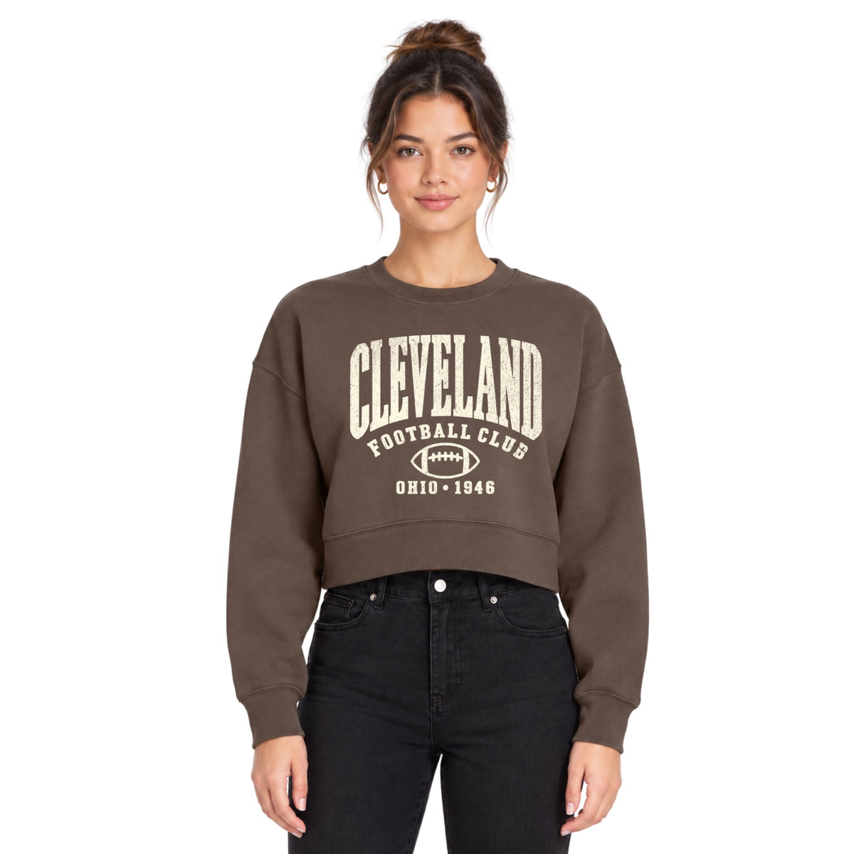 Model wearing coffee brown Cleveland Football Club cropped crewneck sweatshirt