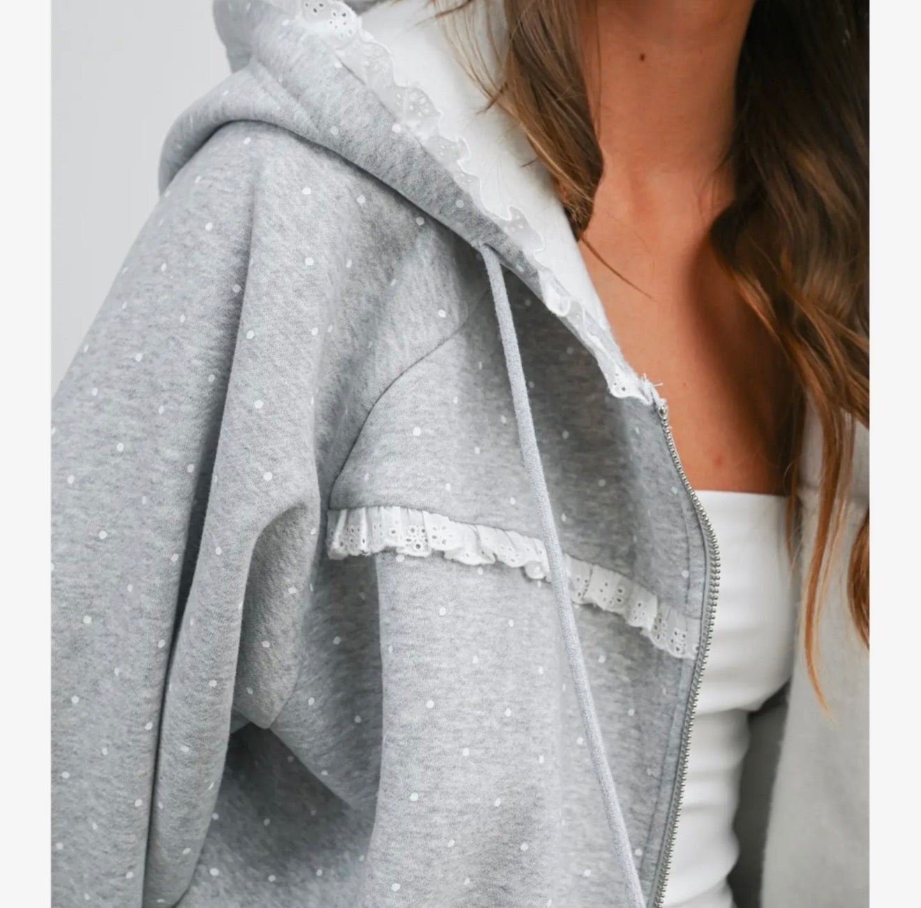 Close-up of lace trim on heather grey Cloud Dot zip-up jacket