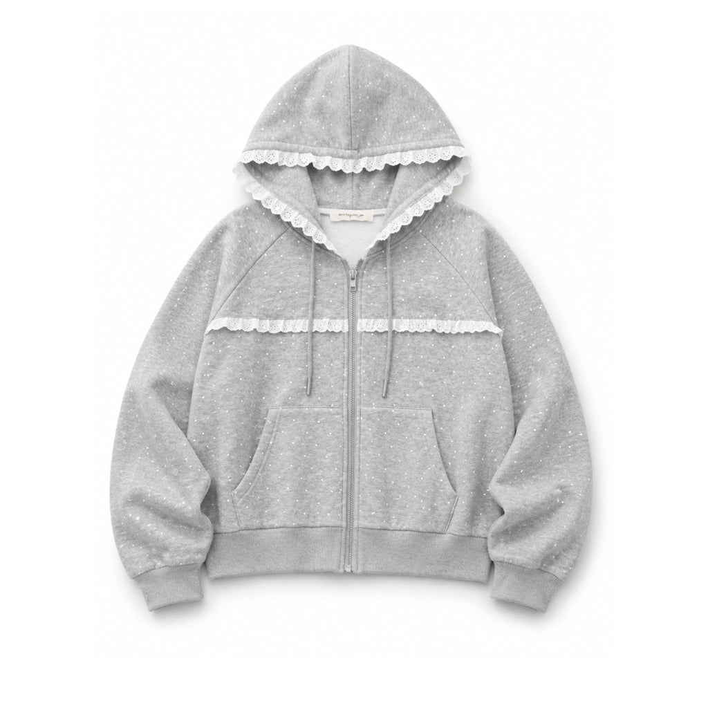 Cloud Dot lace-trim zip-up jacket in heather grey flat lay