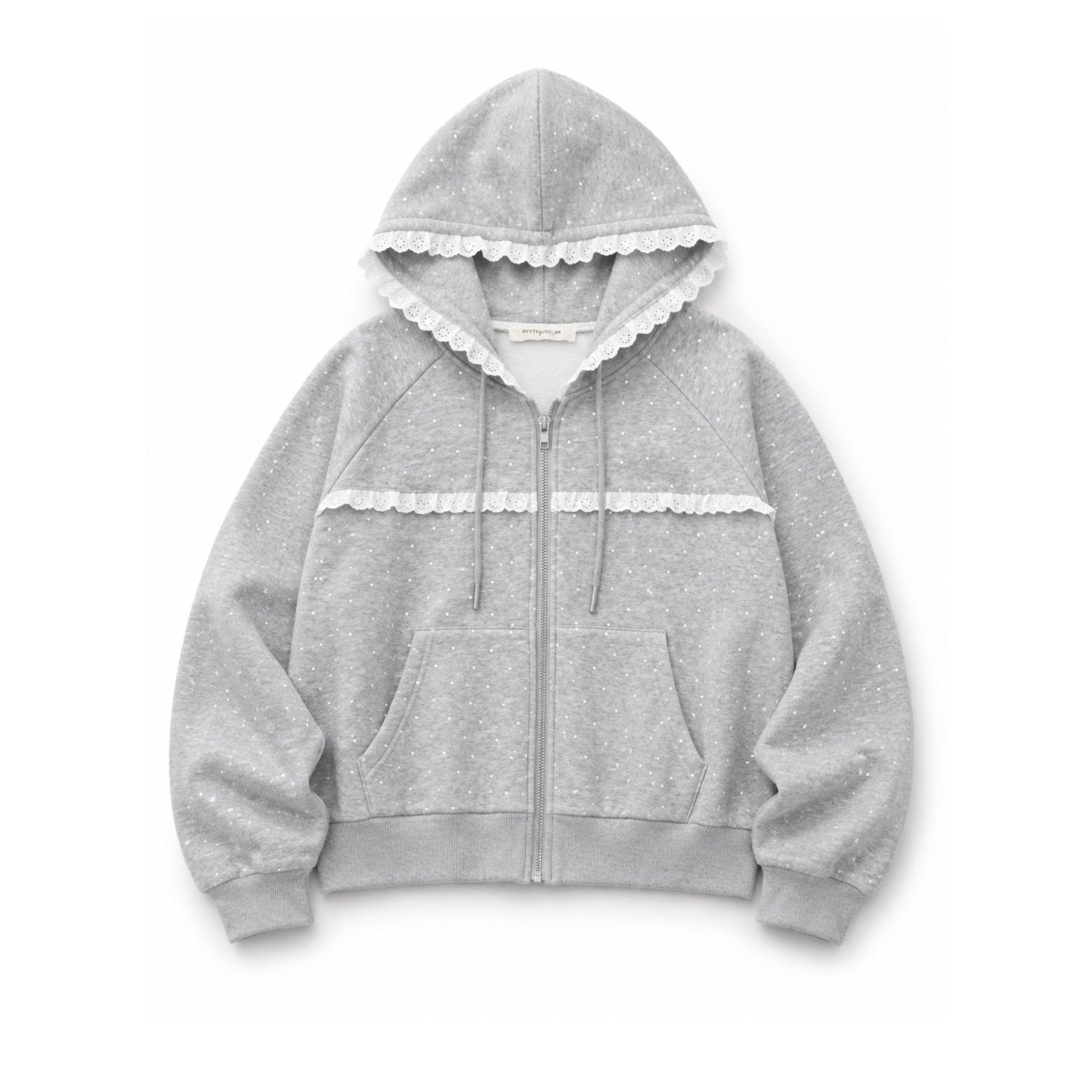 Cloud Dot lace-trim zip-up jacket in heather grey flat lay