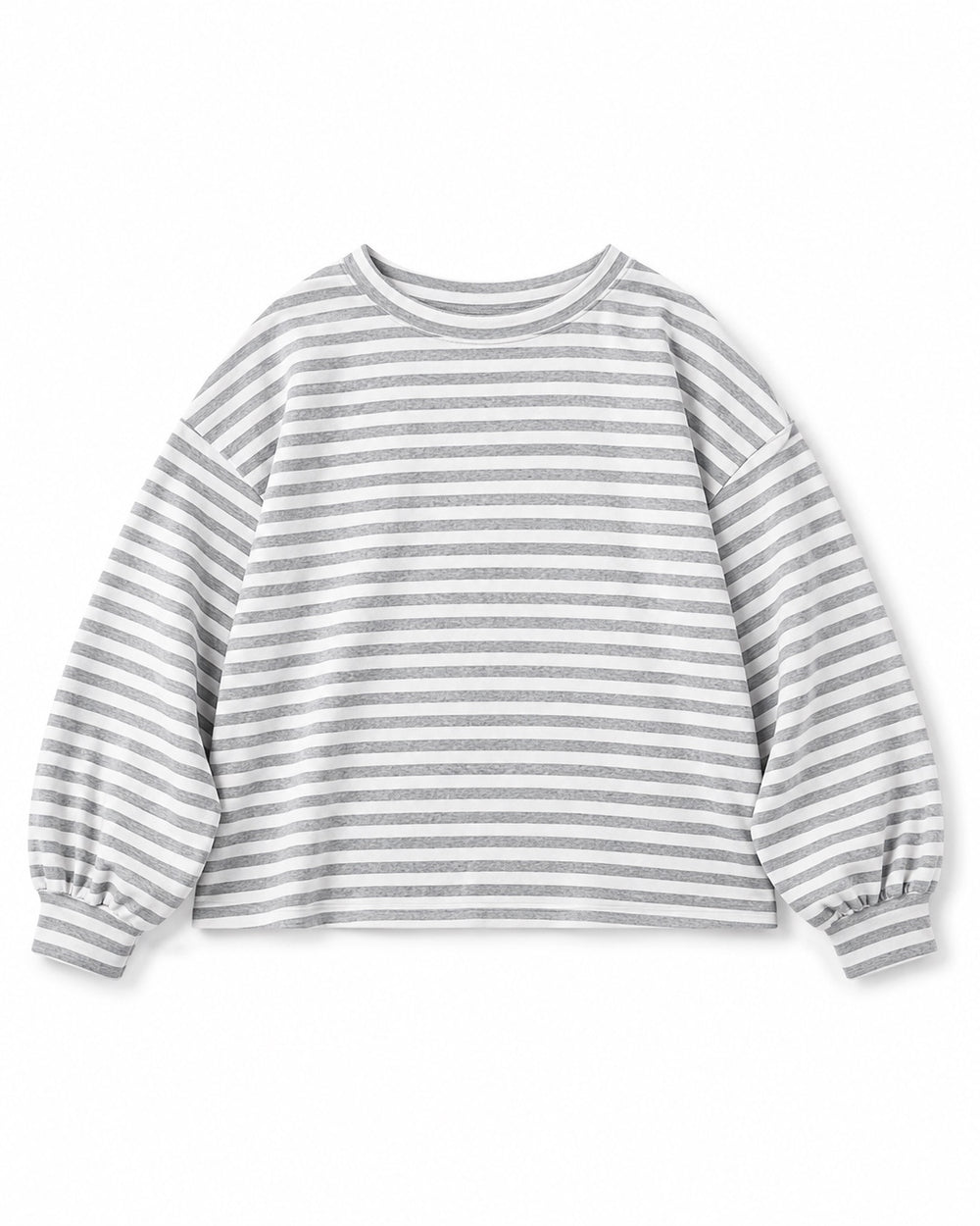Gray and ivory striped oversized long-sleeve top flat lay