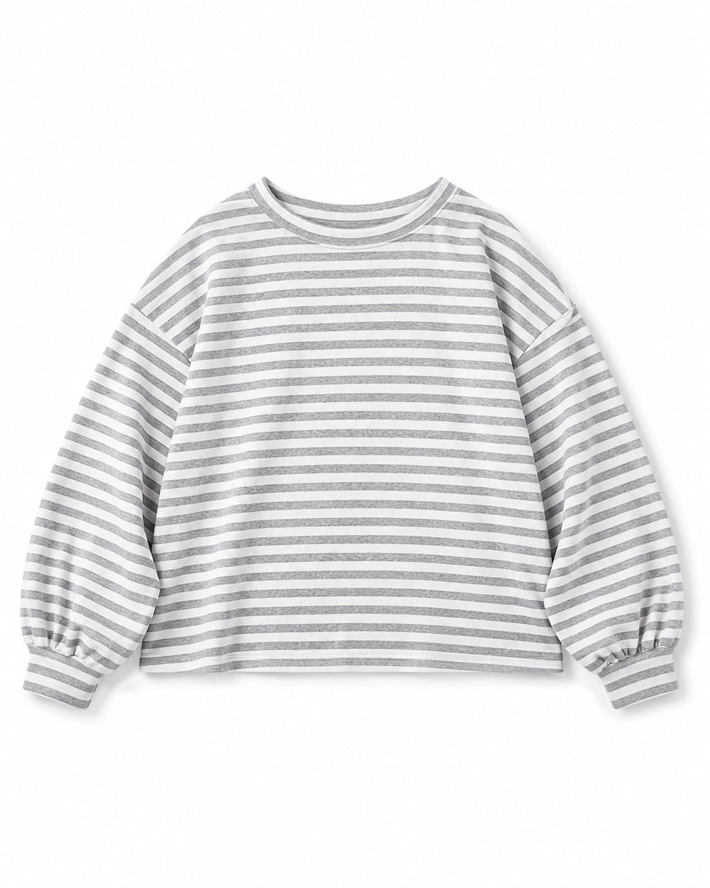 Gray and ivory striped oversized long-sleeve top flat lay
