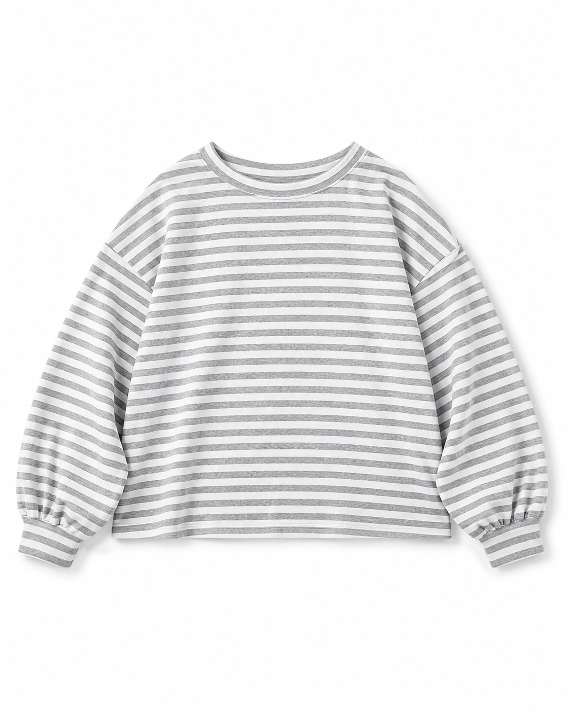 Gray and ivory striped oversized long-sleeve top flat lay