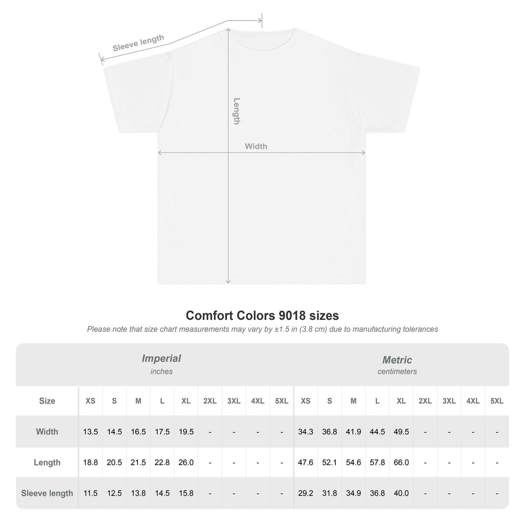 Comfort Colors 9018 youth T-shirt size chart, XS through XL