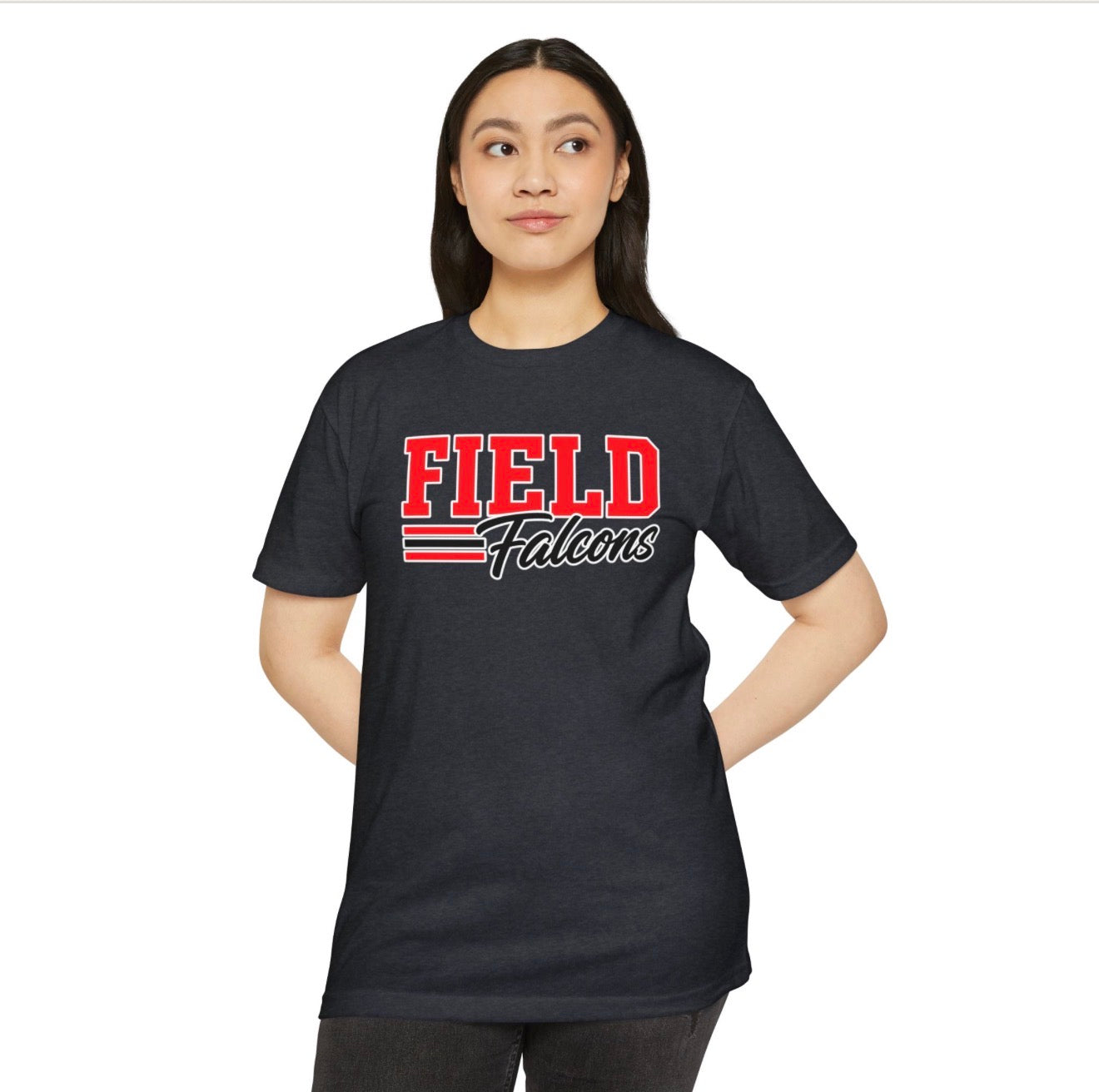Model wearing Field Falcons charcoal varsity script tee