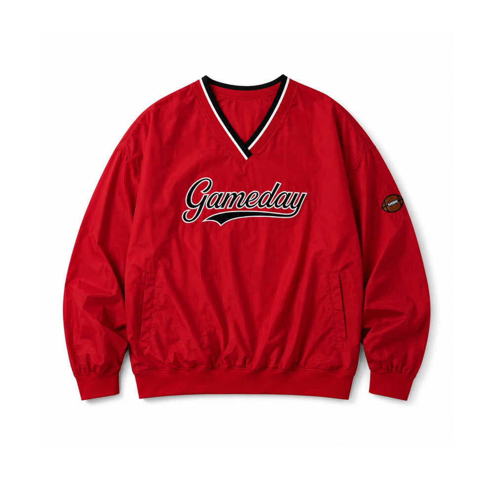 Red Gameday V-neck nylon pullover with black and white trim