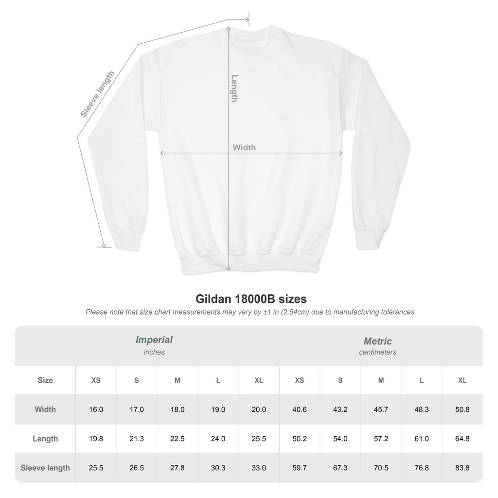 Gildan 18000B youth crewneck size chart Youth XS through XL