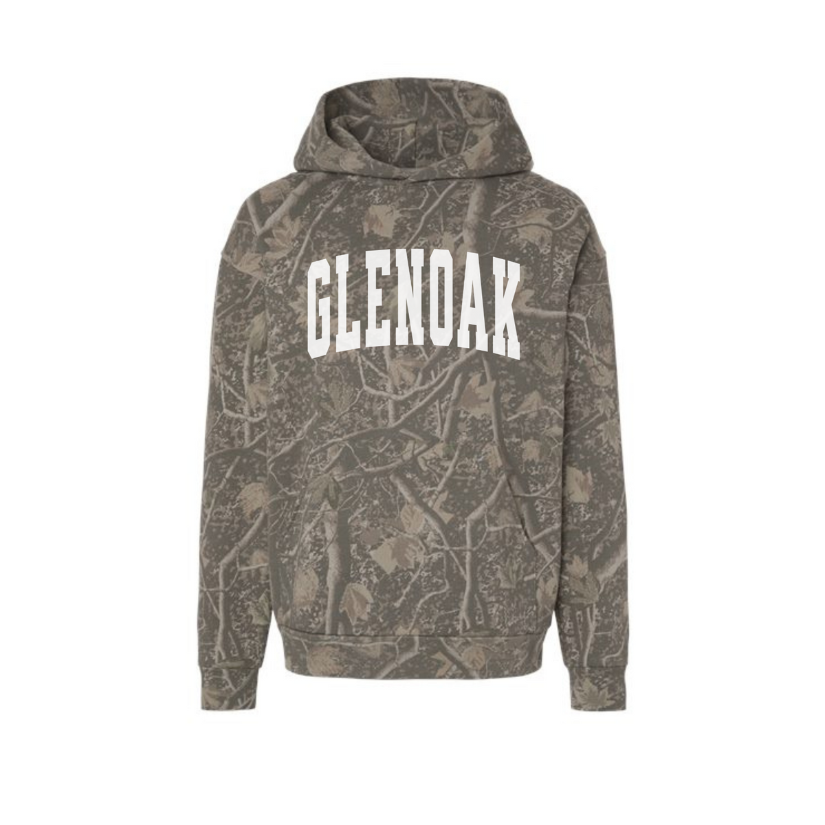 GlenOak Eagles Deadwood Tree Camo heavyweight hoodie with white GLENOAK varsity graphic