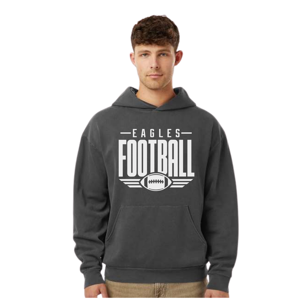 Model wearing GlenOak Eagles Football oversized hoodie in charcoal gray