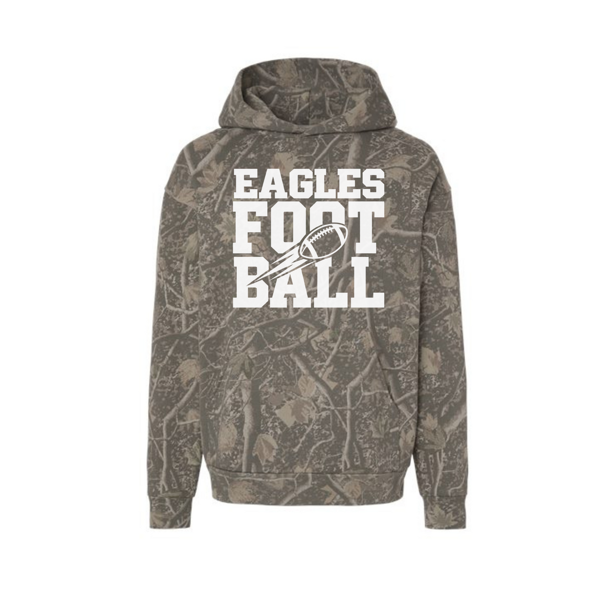 GlenOak Eagles Deadwood Tree Camo heavyweight hoodie with white Eagles Football graphic