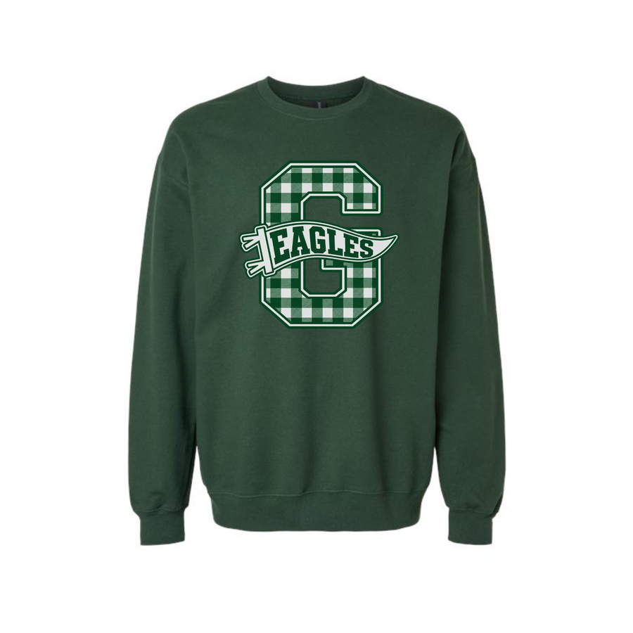 Forest green GlenOak Eagles crewneck sweatshirt with gingham G and Eagles banner
