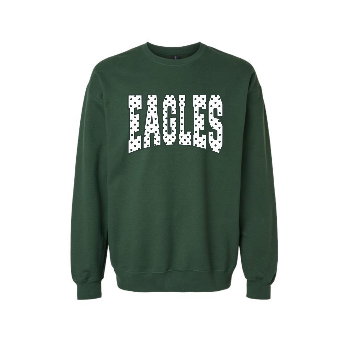 Forest green GlenOak Eagles crewneck sweatshirt with white polka dot Eagles graphic