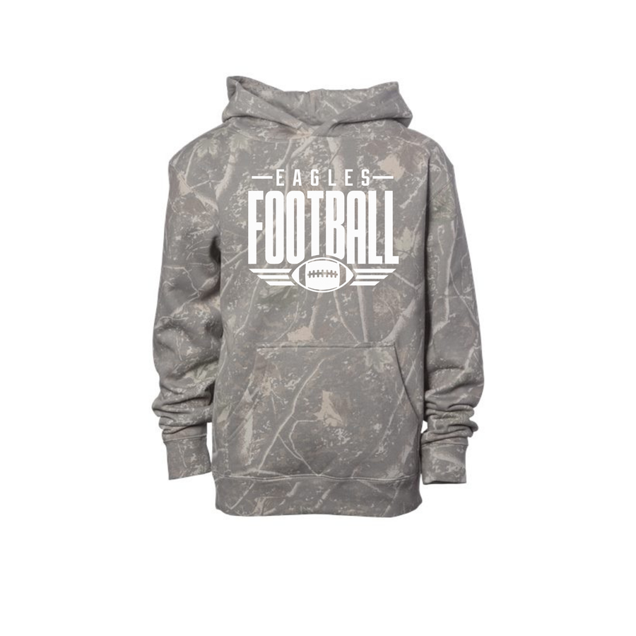 GlenOak Eagles youth Deadwood Tree Camo hoodie with white Eagles Football graphic