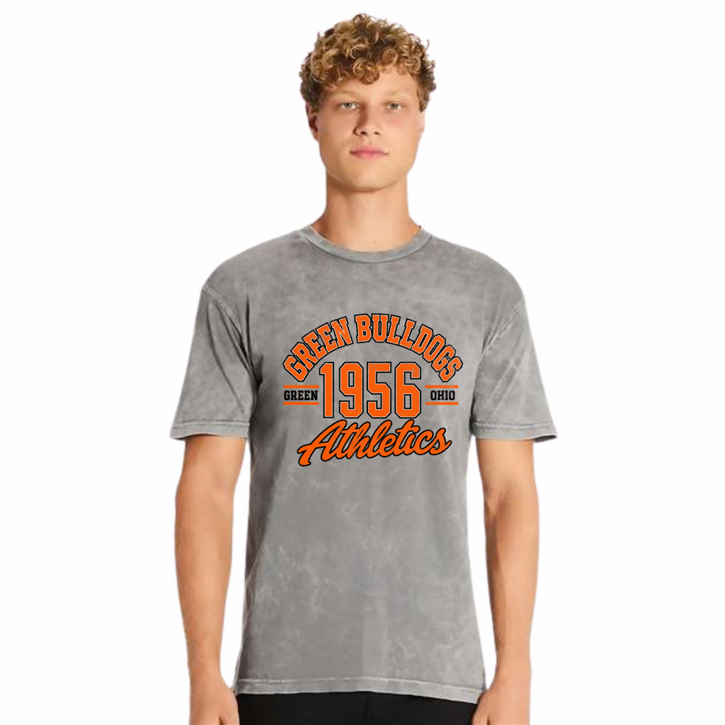 Model wearing Green Bulldogs 1956 Athletics vintage tee in Cloud Rock