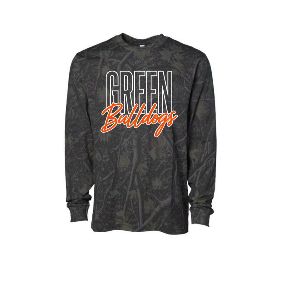 Green Bulldogs black camo long sleeve with GREEN and Bulldogs script graphic