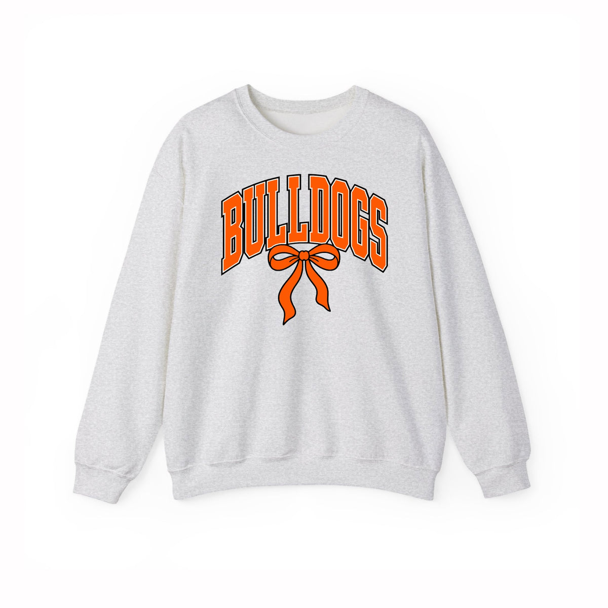 Green Bulldogs bow varsity ash gray Gildan crewneck sweatshirt
