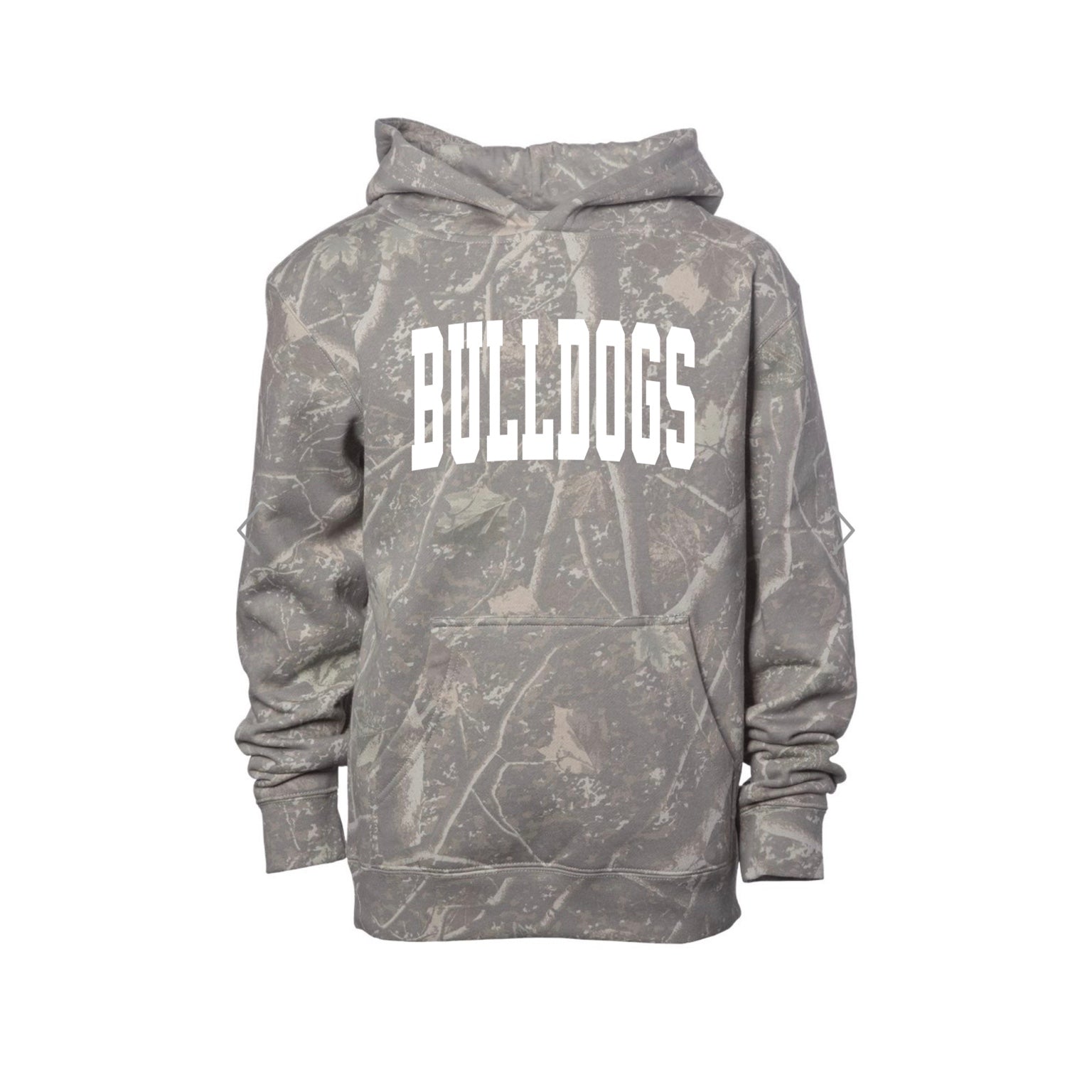 Green Bulldogs grey camo youth hoodie with white Bulldogs arch lettering