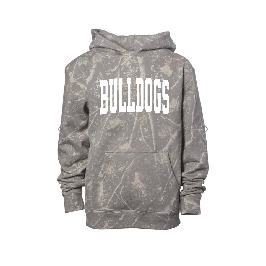 Green Bulldogs grey camo youth hoodie with white Bulldogs arch lettering